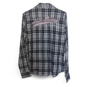Harley Davidson Woman's Black White Flannel Button Up Breast Cancer Pink SZ M